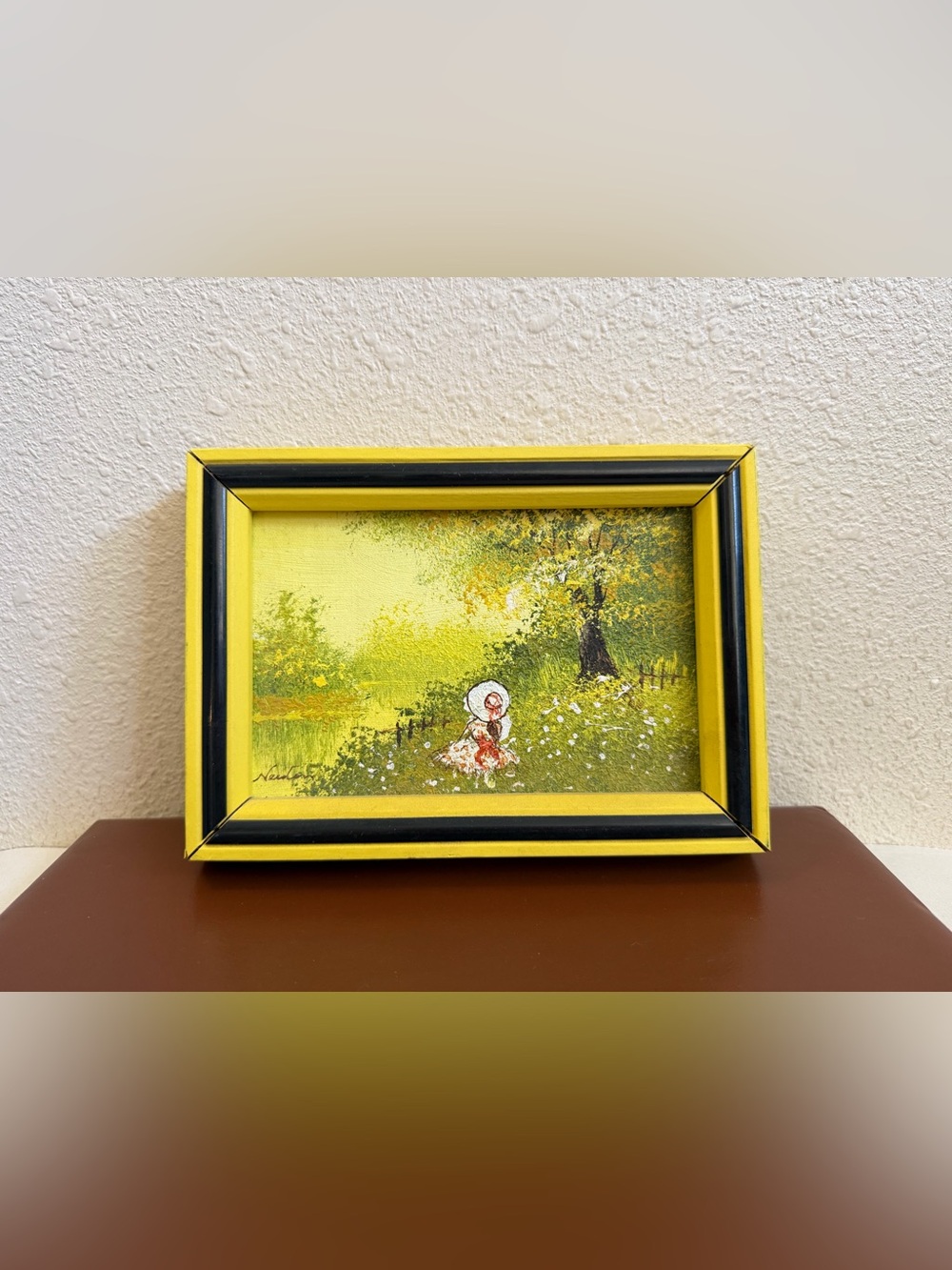Vintage Signed "Newton" Miniature Oil Painting Girl in Bonnet Framed 7x5"
